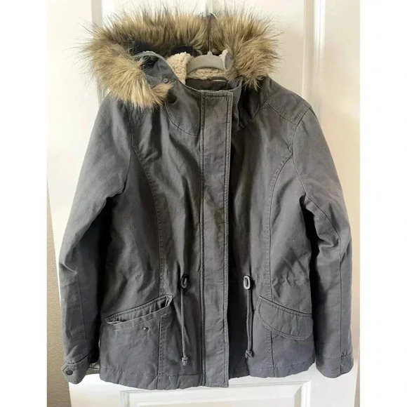SEBBY Womens Size Large Faux-Fur Trim Hooded Jacket Sherpa Lined Gray Coat - Picture 1 of 11